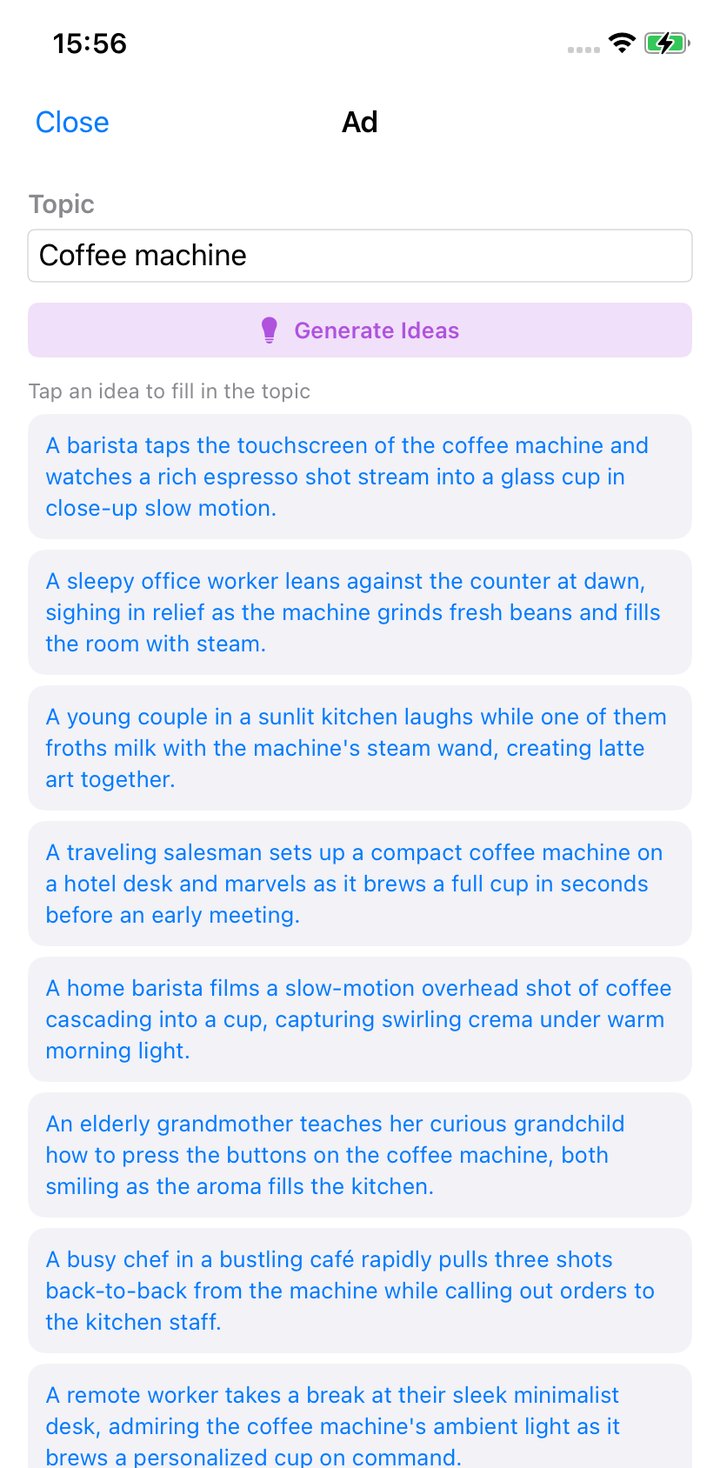Vokly AI Ad Wizard showing eight generated scene ideas for a coffee machine ad