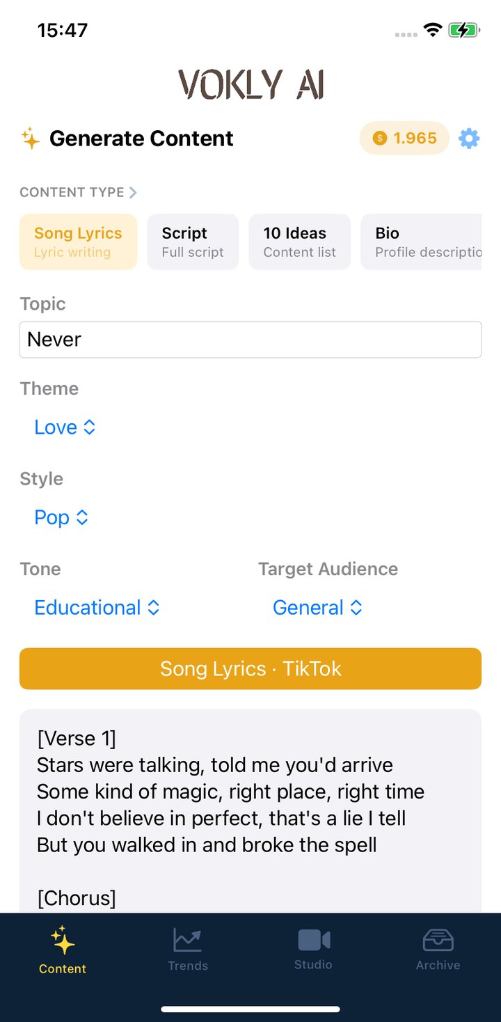 Vokly AI generated song lyrics, ready to turn into a Reel