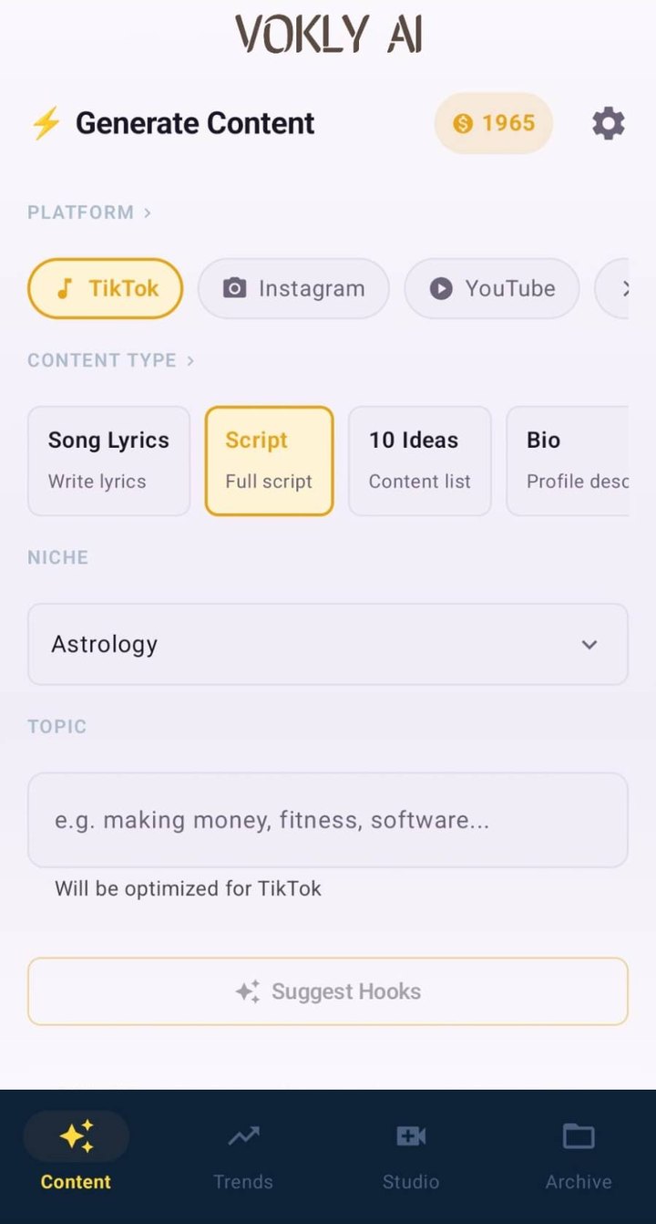 Vokly AI script screen with platform, niche and topic fields and a Suggest Hooks button